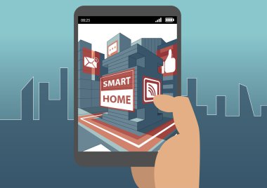 Akıllı ev ve augmented gerçeklik kavramı smartphone tutan el ile