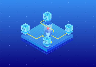 Kuantum hesaplama konsepti. İnternet üzerinden çeşitli sunuculara bağlı yeni nesil süper bilgisayar. 3B izometrik vektör çizimi