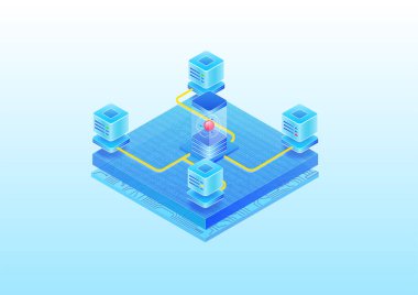 Kuantum hesaplama konsepti. İnternet üzerinden çeşitli sunuculara bağlı yeni nesil süper bilgisayar. 3B izometrik vektör çizimi