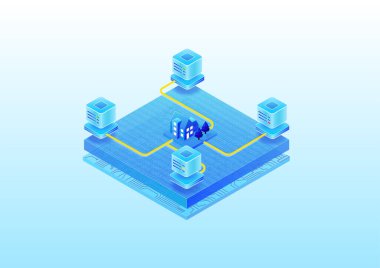 Bulut veri merkezlerine bağlı otomatik akıllı ev kavramı. 3 boyutlu izometrik vektör çizimi. İnternet üzerinden sunucu çiftliğiyle iletişim kuran bir ev.