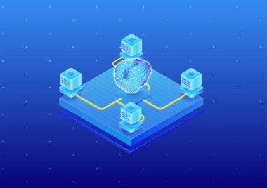 Modern bir veri merkezine güç veren yapay zeka yazılımı kavramı. Bir sunucu çiftliği ve dijital beynin Isometric 3D vektör çizimi.