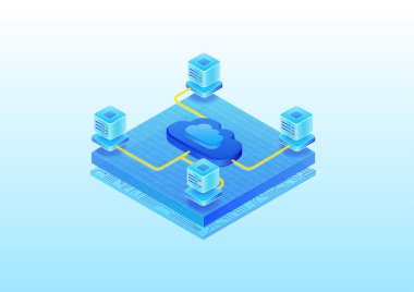 Veri merkezli bulut hesaplama platformu. PaaS, SaaS, IaS gibi bulut platformunun 3d izometrik çizimi. 