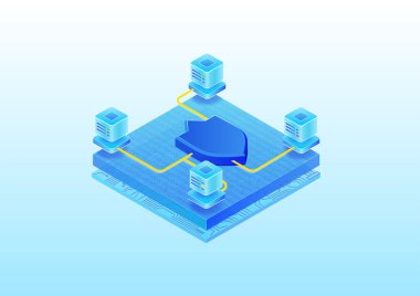 Veri merkezleri için IT güvenlik kavramı. Güvenlik sembolü ve bağlı sunucuların Isometric 3d vektör çizimi.