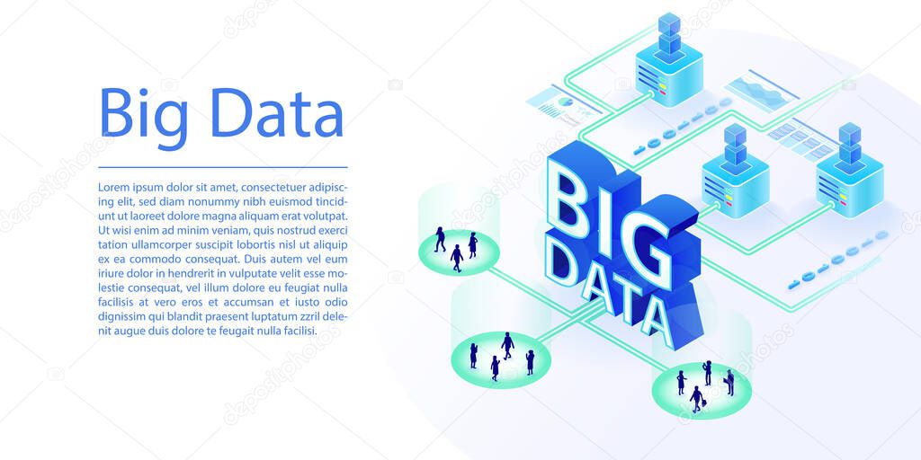 Big data concept as web banner. Isometric 3d vector illustration of data center processing large amount of user data