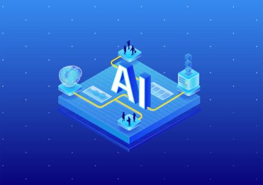 Yapay Zeka Yapay Zeka konsepti. Yapay zeka bilgisayar ve yazılımın 3d izometrik vektör çizimi.