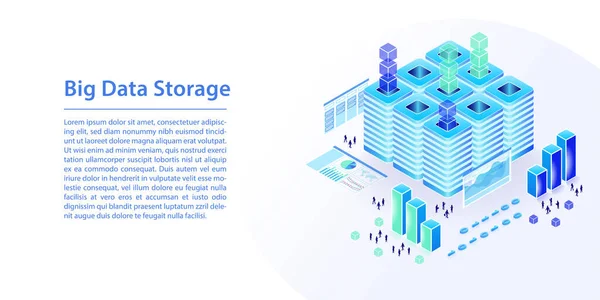 Concetto Archiviazione Big Data Con Data Center Cloud Illustrazione Isometrica — Vettoriale Stock