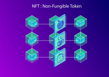 Blockchain 'de depolanan ve ethereum aracılığıyla satın alınan NFT karşılanamayan sembol konsepti. Blokları ve kripto para birimi ile 3d izometrik vektör illüstrasyon bilgisiName.