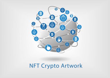 NFT 'nin dijital kripto sanat eserleri için finanse edilemez sembol konsepti. Sanat eserleri satın almak için bitcoin ve ethereum paralarla dünyanın vektör illüstrasyonu.
