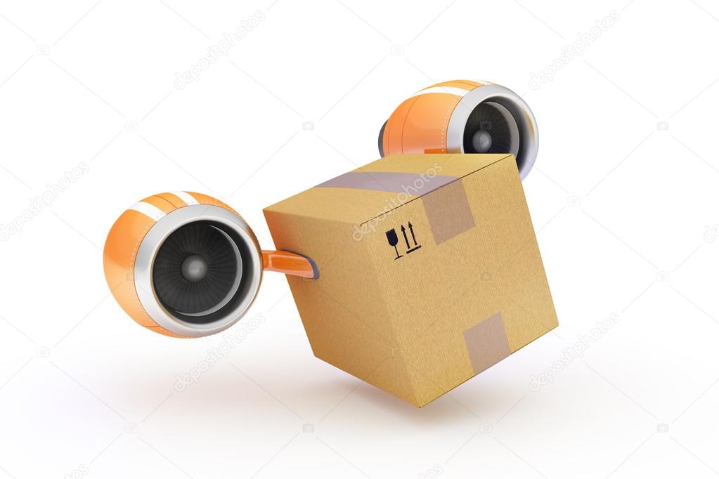 Fast delivery of cargo in a cardboard box on a white background