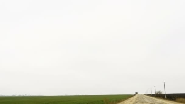 Rural destroyed asphalt road in calm countryside with car. Springtime landscape. — Stock Video