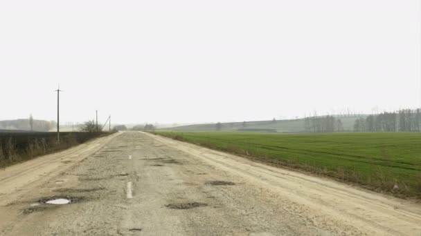 Landsbygdens förstörda asfalterad väg på den lugna landsbygden. Springtime landskap. — Stockvideo