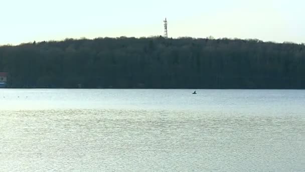 Чоловік веслує в каяку на озері — стокове відео
