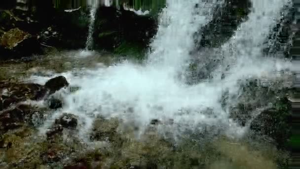 Wasserfall plätschert auf Steinen im Wald zwischen Bergen. — Stockvideo