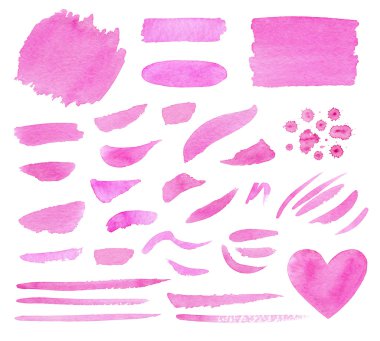 Soyut suluboya pembe şekiller, çerçeveler, arka planlar, sıçramalar, lekeler, lekeler, damla, sıçramalar, fırçalar, lekeler. El boyaması izole tasarım elemanları. Suluboya kağıt tane dokusu.