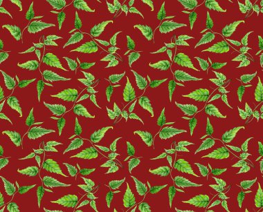 Botanik yapraklar dikişsiz desen. Suluboya el boyalı süslü dal, kırmızı kahverengi arka plan üzerinde yeşil yaprakları, çiçek deseni