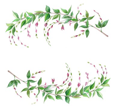 suluboya dalı, çiçek çerçeve. Düğün için zarif dekoratif tasarım elemanı, davetiye, metin için çerçeve, başlık, kafa