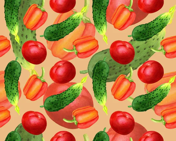 Акварель овощной бесшовный узор. Огурец, помидор, перец, обои, текстиль, шаблон оформления обложки — стоковое фото