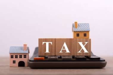 Sözcük ve model ev özellikleri içeren tahta blok Kopya alanı ile vergilendirme kavramı