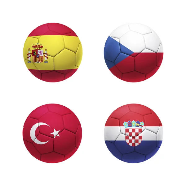 3D μπάλα ποδοσφαίρου με ομάδα Δ ομάδες σημαίες — Φωτογραφία Αρχείου