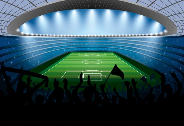 Excited crowd of people at a soccer stadium. Football stadium. — Stock Vector