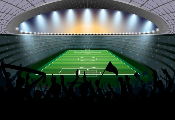 Excited crowd of people at a soccer stadium. Football stadium. — Stock Vector