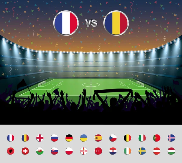 Match de football France 2016 avec foule enthousiaste à un socce — Image vectorielle