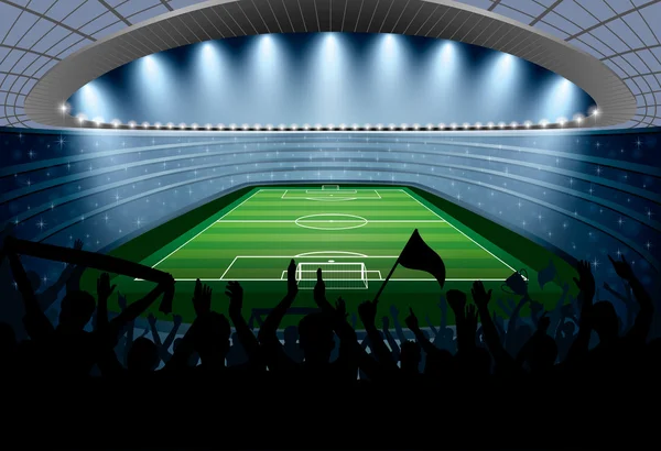 Excited crowd of people at a soccer stadium. Football stadium. — Stock Vector