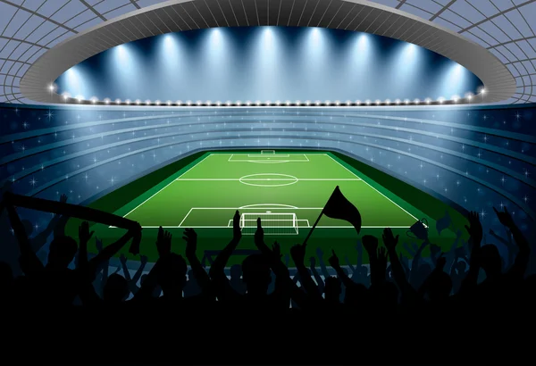 Opgewonden menigte van mensen in een voetbalstadion. Voetbalstadion. — Stockvector