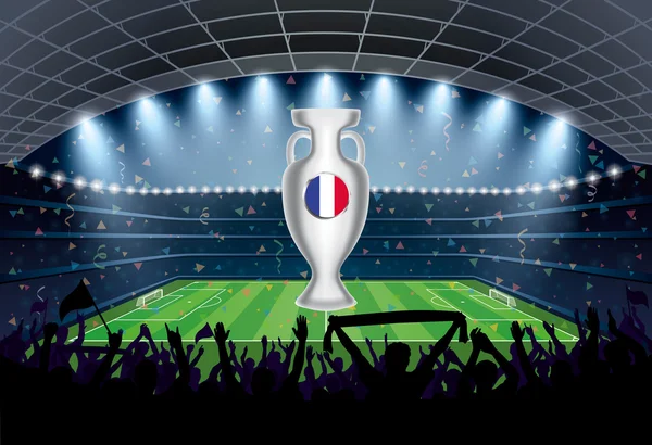 Trofeo con bandiera francese e folla entusiasta di persone a un calcio — Vettoriale Stock