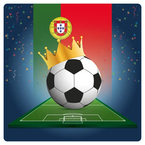 Calcio con corona e bandiera portoghese sul campo da calcio . — Vettoriale Stock