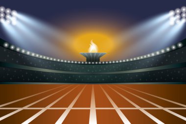 Atletizm Stadyumu pistte genel açık gece görünümü ile. Vektör