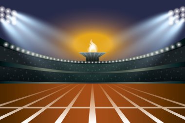 Athletics stadium with track at general front night view. Vector clipart