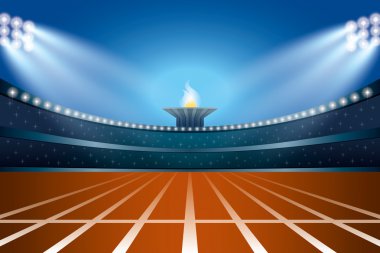 Atletizm Stadyumu pistte genel açık gece görünümü ile. Vektör