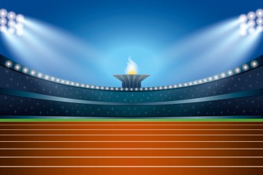 Atletizm Stadyumu pistte genel açık gece görünümü ile. Vektör
