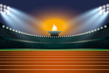 Atletizm Stadyumu pistte genel açık gece görünümü ile. Vektör
