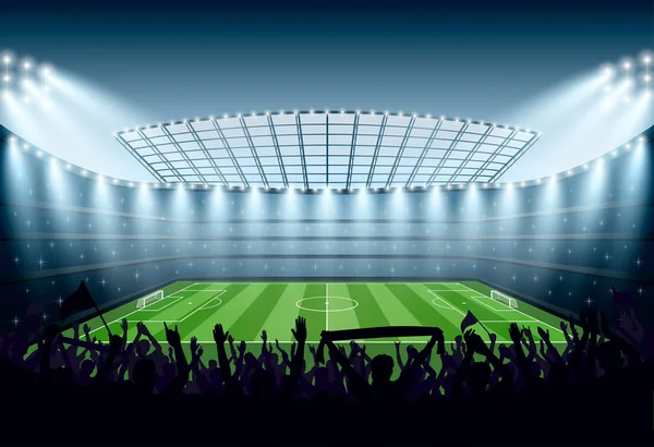 Excited crowd of people at a soccer stadium. — Stock Vector