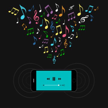 Müzik çalar ve renkli notlar ile Smartphone.