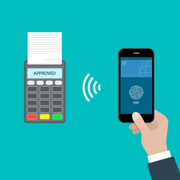 Fizetés jóváhagyott koncepció. Fizetés NFC smartphone keresztül. — Stock Vector
