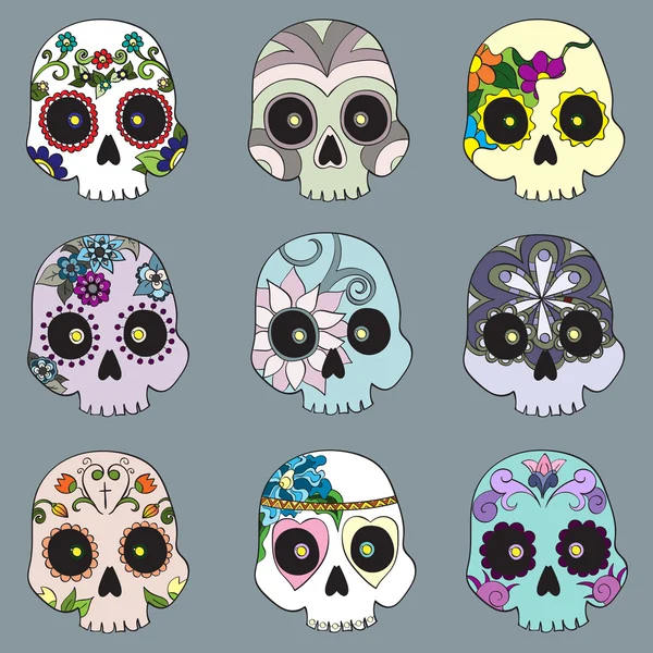 A mexikói koponyák beállítása a halott (Dia de los Muertos) ünnepe napja — Stock Vector