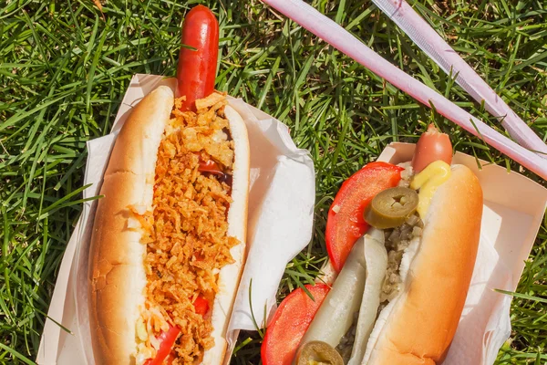 Hotdogs and straws in paper packing for two — Stock Photo, Image