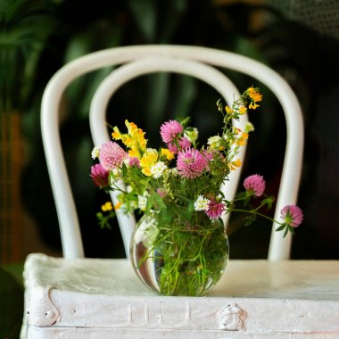Klasik beyaz Viyana sandalyesi, parlak kır çiçekleri ve cam vazoda yonca.