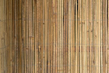 Dikey bambu çitleri kabloyla bağlanmış, doğal renk değişimlerini ve kırsal ayrıntıları gösteriyor. Çevre malzemesi kavramı, gizlilik bariyeri, sürdürülebilir yapı. Boşluğu kopyala