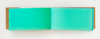 Yeşil boş sayfalı not defterini aç, tasarım şablonu, düz uzanma biçimi. Açık turkuaz albüm, kopyalama alanı. Turkuaz akordeon dizini ya da belge albümü ışık arkaplanı, üst görünümde açıldı