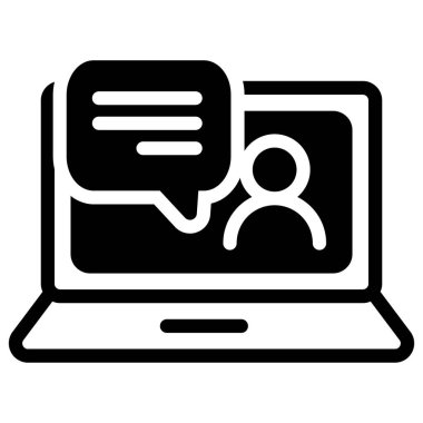 İnsan ve konuşma baloncuğu olan dizüstü bilgisayar web ya da mobil uygulama için uygun simge vektör tasarımı