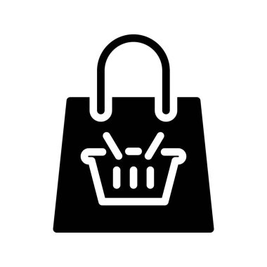 Alışveriş sepetine sahip alışveriş çantası. Katı simge vektör tasarımı web ya da mobil uygulama için iyi