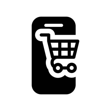 Alış veriş arabası ile akıllı telefon katı simge vektör tasarımı web veya mobil uygulama için uygundur
