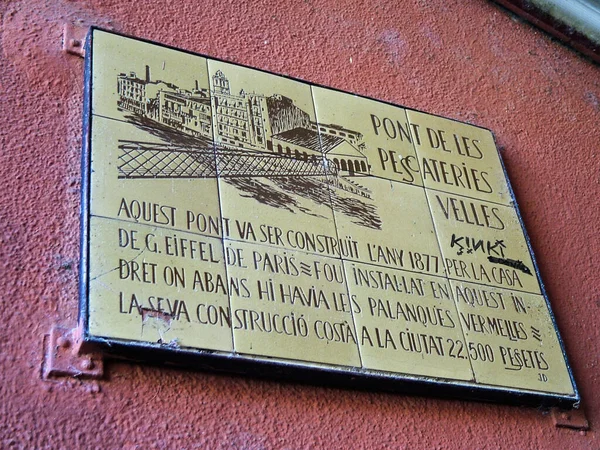 Girona Spain September 2015 Memorial Plaque Dedicated Eiffel Bridge River — Stock Photo, Image