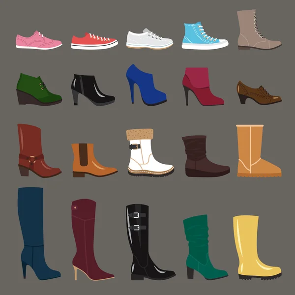 Vários sapatos de inverno para mulheres, estilo plano —  Vetores de Stock