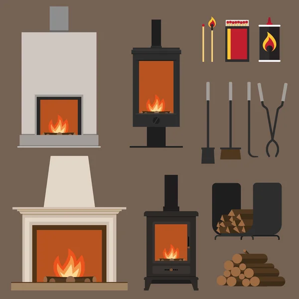 Fireplaces and accessories, flat style — Stock Vector