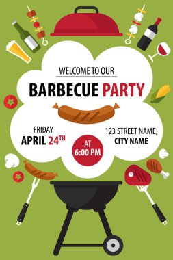 Barbekü partisi poster kavramı, düz stil.